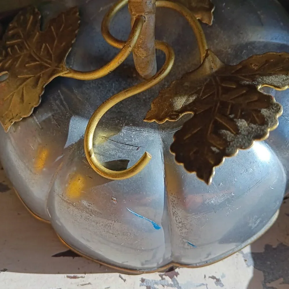 Vintage Heavy Pewter Brass Pumpkin Ice Bucket, French, Marked